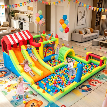 SkyBounce Inflatable Bounce House Triple Slides Water Guns Obstacle Course Soccer Goal And Basketball Hoop Summer Backyard Play