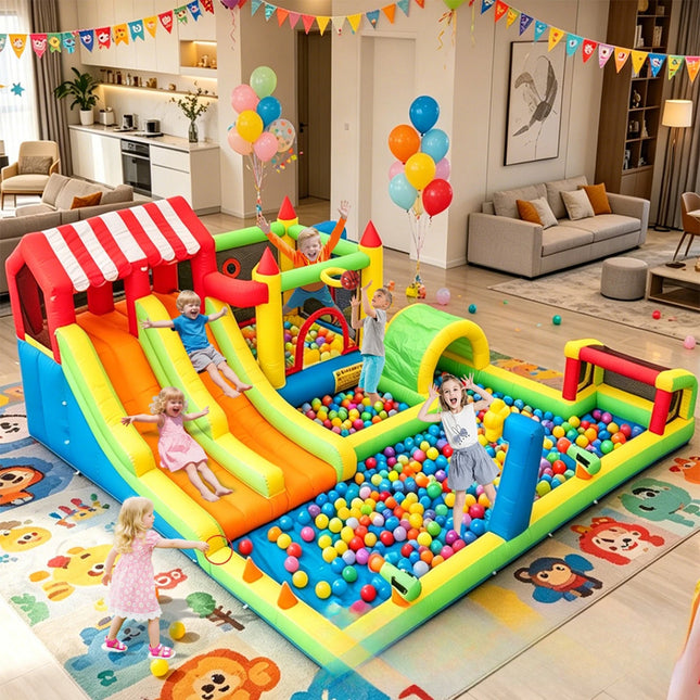 SkyBounce Inflatable Bounce House Triple Slides Water Guns Obstacle Course Soccer Goal And Basketball Hoop Summer Backyard Play
