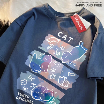 Fun Mischievous Cat Print Japanese Style T-Shirts Men Women Fashion T-Shirts Breathable Summer T-Shirts Cotton Loose Tee Clothes