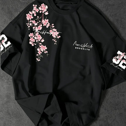 Hot selling summer men's Brooklyn cherry blossom letter print comfortable and breathable round neck T-shirt outdoor street top