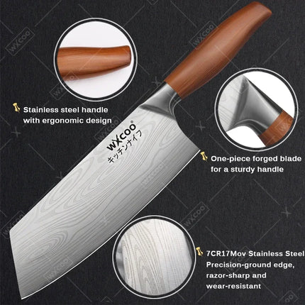 WXCOO Stainless Steel Chef Knife Household Kitchen Knife Laser Damascus Pattern Slicing Scissors Cleaver Fruit Knife Holder