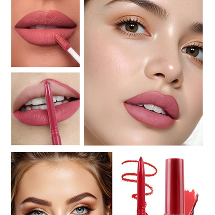 Matte Lip Gloss & Lipliner Pen Set Makeup Women Gift 24h Long-lasting Waterproof Non Stick Cup Mirror Lipstick Sexy Lips Makeup