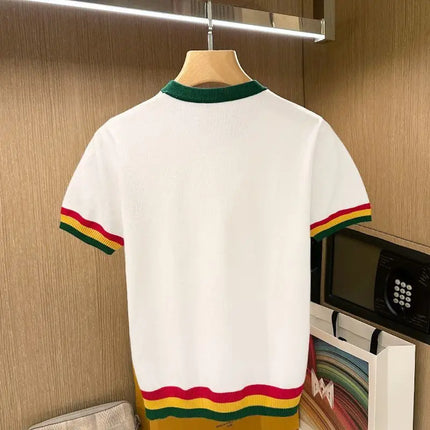 Summer Men Knitted T-shirts O'neck Short Sleeve Rainbow Patchwork Tops