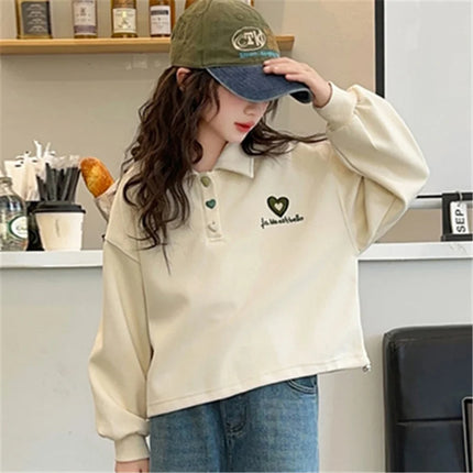 2024 Kids Polo Clothes for Girls Autumn Long Sleeve Polo T Shirts Girls Children Turn-down Collar Sweatshirt With Heart Age 5-14