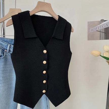 Women's French Temperament V-neck Sleeveless Slim Fit Knitted Vest Single Breasted Elegant Style