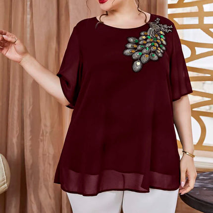 Plus Size Women's Embroidered Peacock Top, Short Sleeve Chiffon Blouse, Elegant Party Wear