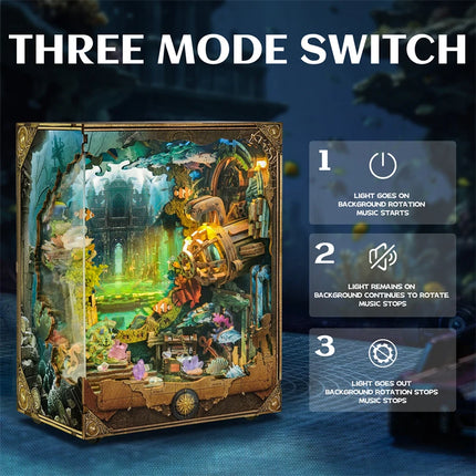 DIY Book Nook Wooden Miniature Model Kits Underwater World Bookend 3D Puzzle With Light Bookshelf for Friends Birthday Gifts