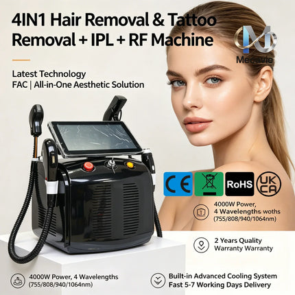 2026 4 In 1 Soprano 755/808/940/1064nm 4 Waves Titanium Ice Laser Hair Removal Latest FAC Technology ND:YAG+RF+IPL Painless