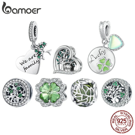 Bamoer 925 Sterling Silver Green Transparent Clover Beads The Tree of Life Family Pendant Plant Charms for Women Necklace DIY