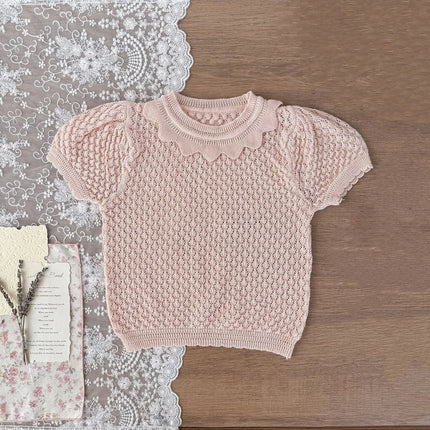 2026 Summer Casual Children Knit Blouse Girls Scalloped Neck Puff Sleeve Openwork Top Soft Lightweight Gentle Tee