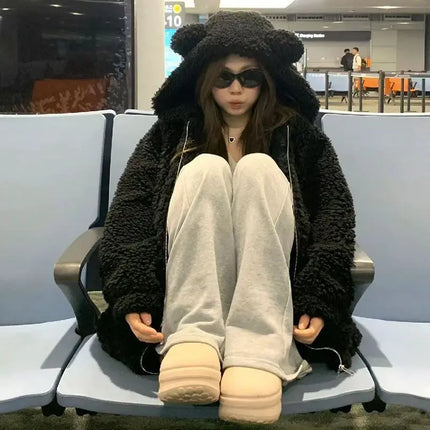 2025 New Cute Girl Little Bear Ears Imitation lamb Wool Zipper Hooded Coat Collection Casual Fashion Versatile Trends Lazy Wind