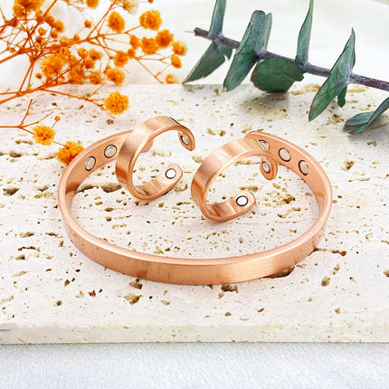 Set Pure Copper Bracelets and Rings for Women Men Simple Cuff Magnetic Bangles Arthritis Health Solid Copper Jewelry