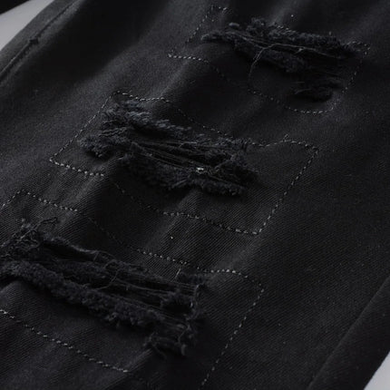 Men Letters Embroidery Printed Jeans Streetwear Slim Straight Stretch Denim Pants Black White Holes Ripped Trousers