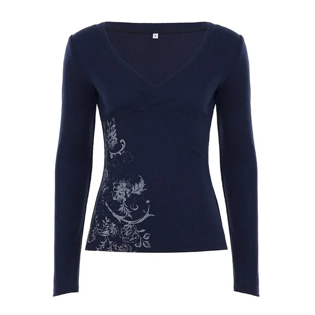 Pink Floral Print Women Fairy Y2K T-shirt Coquette V Neck Long Sleeve Tees Autumn Spring Casual Pullovers Tops Vintage Clothes