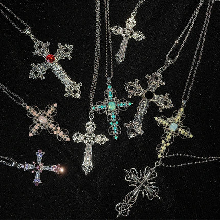 Gothic Big Zircon Cross Necklace Unisex Y2K Irregular Goth Large Cross Pendant Necklaces  for Men Women Couple Necklace Jewelry