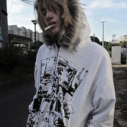 2026 Y2K Gothic Punk Faux Fur Hooded Jacket Women Printed Vintage American Harajuku Subculture Black Casual Streetwear
