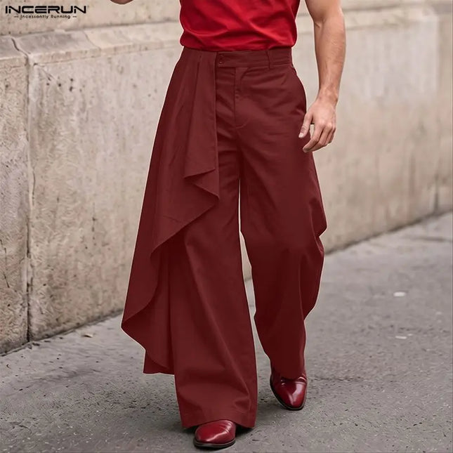 INCERUN Men Pants Solid Color Button Joggers Casual Ruffle Trousers For Man Streetwear Loose 2026 Stylish Long Pants Pantalones