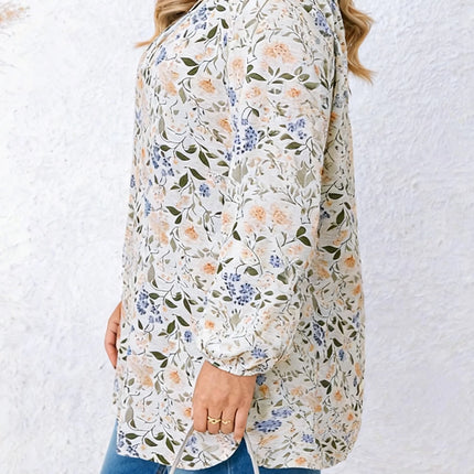 Women's Plus Size Floral Print V-Neck Long Sleeve Loose Top