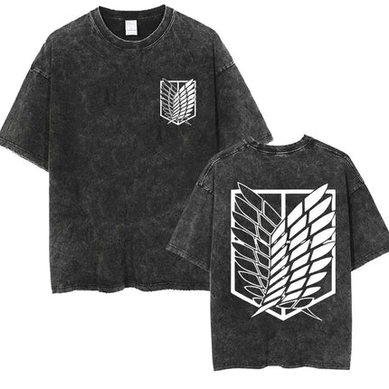 Anime Attack on Titan Vintage Washed Print T-shirt Mikasa Ackerman Eren Jaeger Wings of Freedom Logo Men's Summer Cotton T-shirts