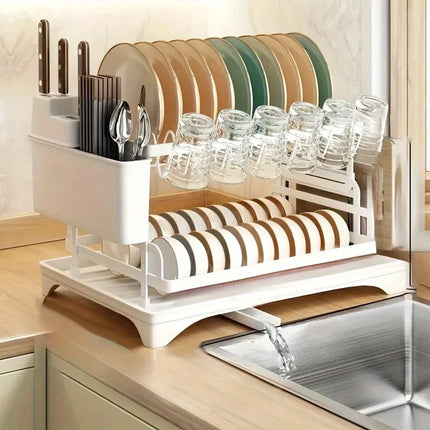 2 Tier Dish Drying Rack Large Rustproof Kitchen Drainer with Drainboard Organizer