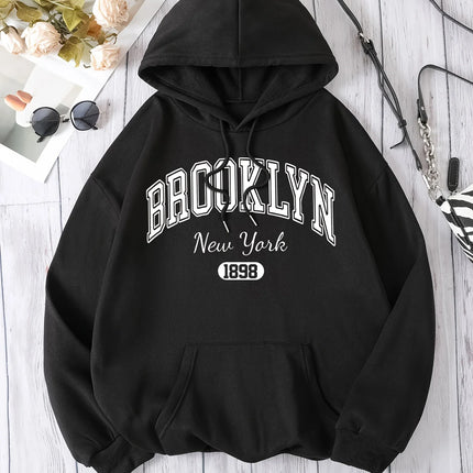 Brooklyn New York 1898 Hoodie Sweatshirt - Casual Polyester Hooded Pullover with Drawstring Alphabet Pattern