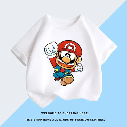 Super Mario T-shirt Children's Short-sleeved 100% Cotton Boys and Girls Round Neck Tops Summer Fashion Casual Parent-child Wear
