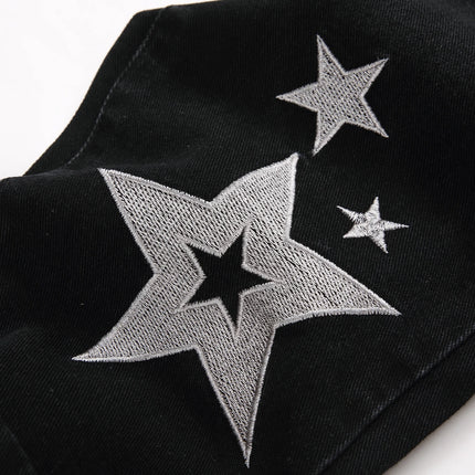 Black Y2K Jeans Mid Rise Straight Leg Man Pants with Silver Star Design Distressed Ripped Denim Clothing Hip Hop Male Streetwear