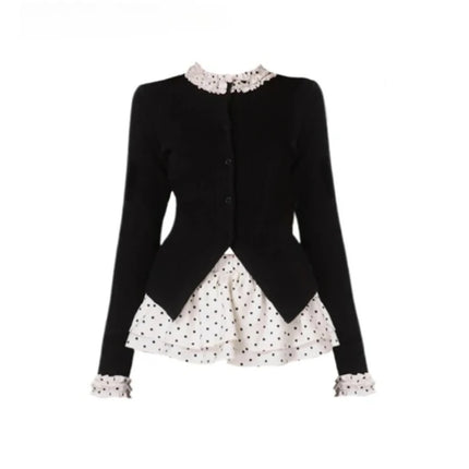 Korean Fashion Elegant Patchwork Lace Tops Slim Casual Long Sleeve Blouse 2000s American Vintage Sweet Pullover Chic