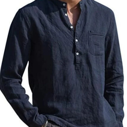 Men's Linen Long Sleeve Shirt - Stand Collar, Button-Front, Single Chest Pocket Casual Tops for Spring Summer