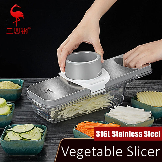 LFGB Certification Pure 316 Stainless Steel Kitchen Mandolin 6 Pieces Ultra Sharp Blades Vegetable Slicer Grater with Protector