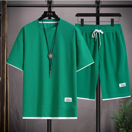 2026 new Summer Men's Waffle Sets Casual T-Shirt And Shorts Set Male Sports Suit Solid Color Tracksuit Loose Suits