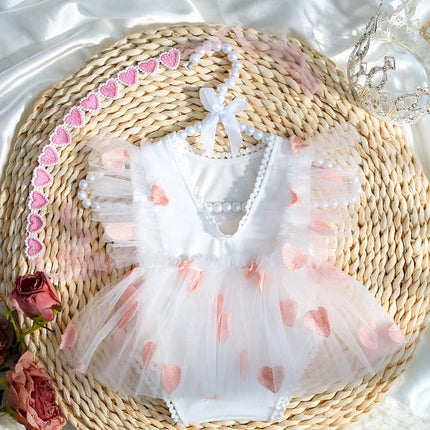 Ylsteed Newborn Girl Photography Outfits Red Heart Embroidery Romper Dress with Headband Infant Photography Props