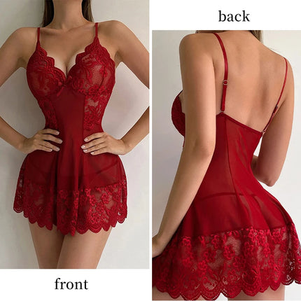 Women's Lace Tight Fitting Clothes Sexy Transparent Pajamas Flower Lace Sheer Dress Sexy Mesh Fabric Dress Pajamas