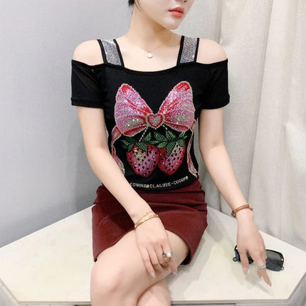 New Summer European Clothes Women's T-Shirts Luxury Butterfly Hot Diamonds Tees Sexy Streetwear Off-Shoulder Tops Shirt