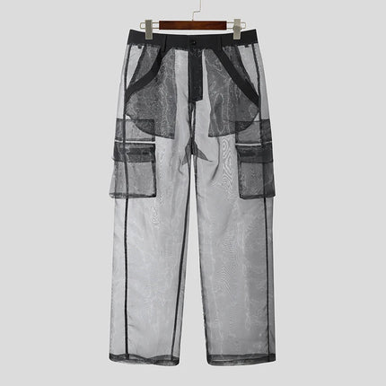 INCERUN 2025 Men Pants Mesh Gradient Button Oversize Pockets Straight Trousers Men Joggers Streetwear Joggers Fashion Long Pants