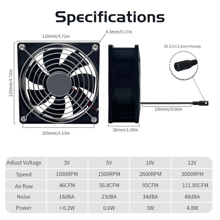 High Speed Axial Muffin Fan 110V 120V AC 120mm x 38mm Dual Ball for DIY Cooling Ventilation Exhaust Projects