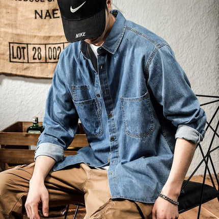 Retro American Style Long Sleeve Denim Workwear Shirt Jacket Men's Fashion Versatile Spring Outerwear Classic Look