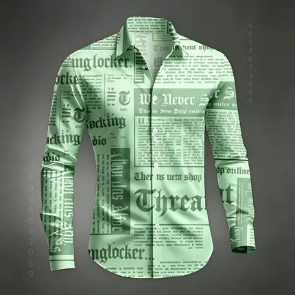 Men's Shirt Long Sleeved Shirt Newspaper Letter Print Retro Casual Single Breasted Shirt Street Style Trendy Men's Top XS-6XL