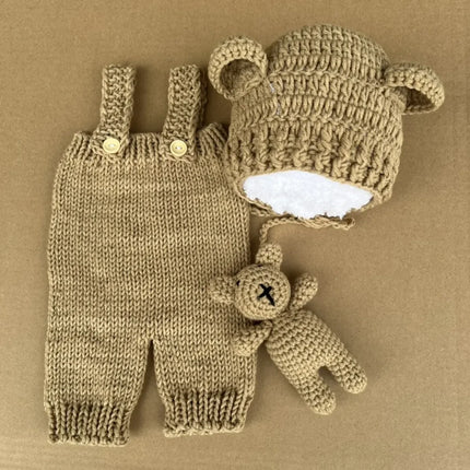 3pcs/sets Newborn Cute Bear Photography Clothing Hand-woven Romper Pants Hat Dolls Decor Props Baby Photoshoot Outfits