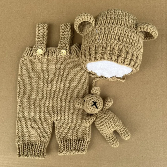 3pcs/sets Newborn Cute Bear Photography Clothing Hand-woven Romper Pants Hat Dolls Decor Props Baby Photoshoot Outfits