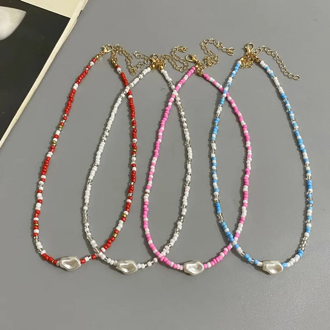 Fashion Boho Beads Necklace Women Imitation Pearl Seed Beaded Strand Short Choker Necklace Handmade Female Jewelry Wholesale