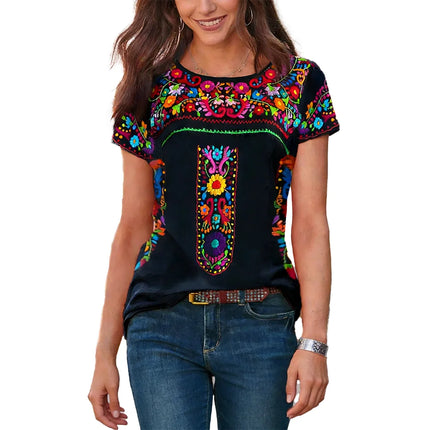 2026New European & American Women's Summer Collection | Bohemian Printed Crew Neck Short Sleeve T-Shirt