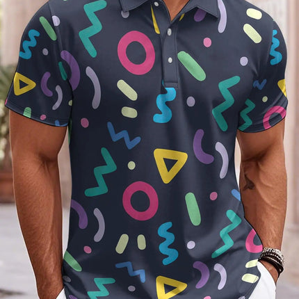 Men's Fashionable Geometric Small Pattern Splicing Print Sports Short Sleeved Shirt Breathable Short Sleeved Casual Top