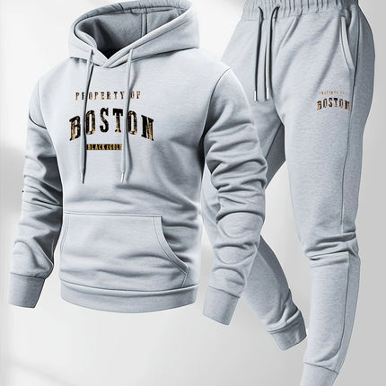 Men's Boston print hooded sweatshirt and sweatpants soft and comfortable thin warm sweatpants set autumn and winter