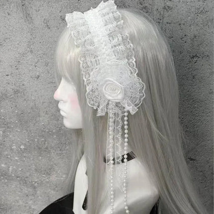 Gothic Lolita Lace Headbands for Women Double Black White Satin Rose Flower Bow with Tassel Elegant Cosplay Hair Accessories