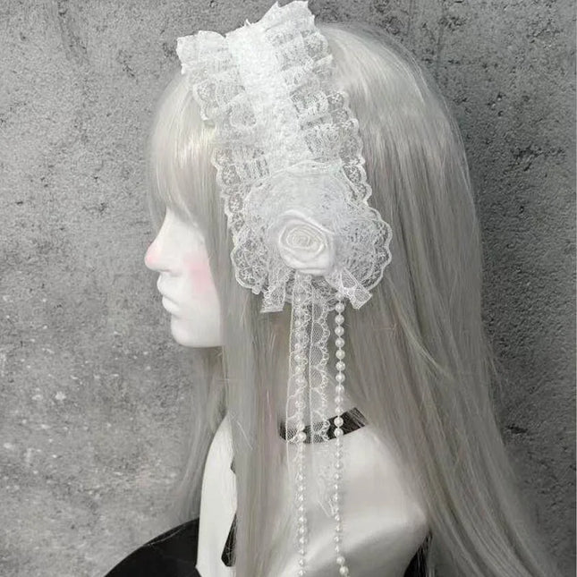 Gothic Lolita Lace Headbands for Women Double Black White Satin Rose Flower Bow with Tassel Elegant Cosplay Hair Accessories