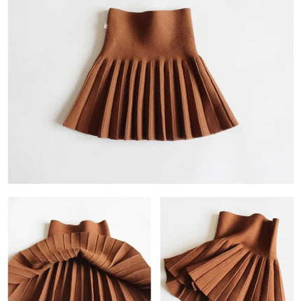 1pc Girls' Knit Skirt, Baby Autumn Winter Princess Pleated Skirts, Children's Student High Waist Mini Tutu Skirts, Kids Solid Dress