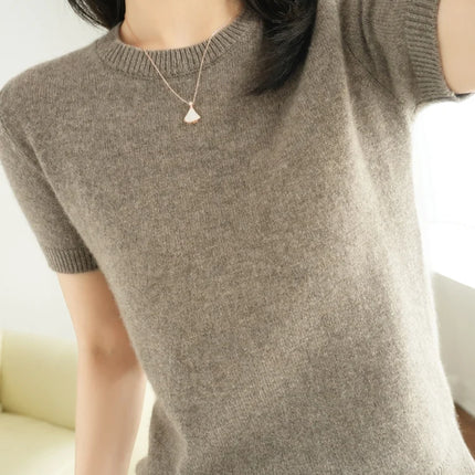 Summer New Women's Knitted Short Sleeve T-shirt Thin Wool Cashmere Short Sleeve Loose Fit Round Neck Top Outerwear Straight Cut