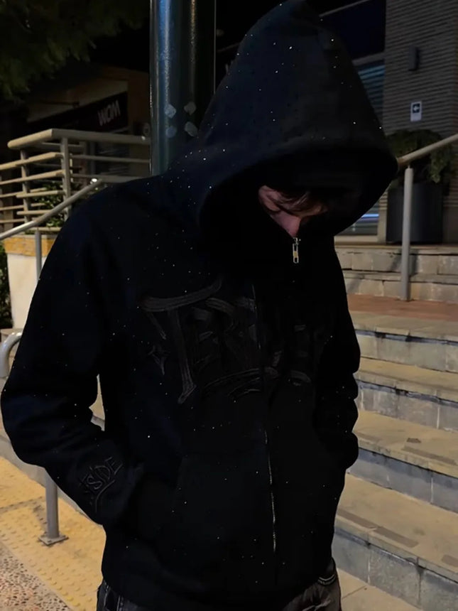 Y2k New Autumn/Winter Hot Diamond Double Hat Hoodie Dark Style Men's and Women's Same Zipper Cardigan Embroidery