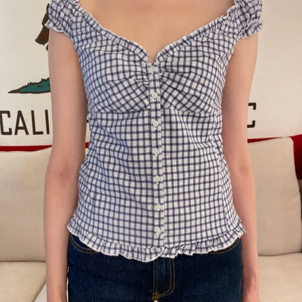 Blue Striped Folds Blouse Top Women New Casual Single Breasted Ruffle Sleeveless Tank Tops Vest Sweet Preppy Style Camisole Y2K